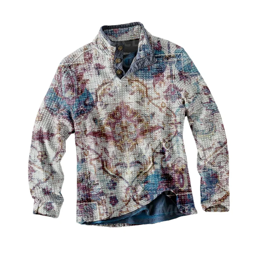 Men's Long Sleeve Casual Top Retro Flower Print Men's Polo Pullover Men Autumn Winter Sweater