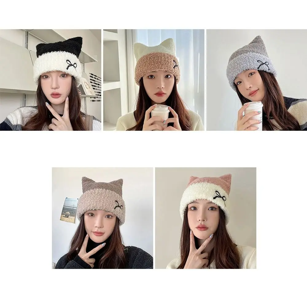 New Design Casual Bow Burr Knitted Hat Warm Multicolor Windproof Ear Protection Cap Windproof Plush Ear Hat Teenage Girls