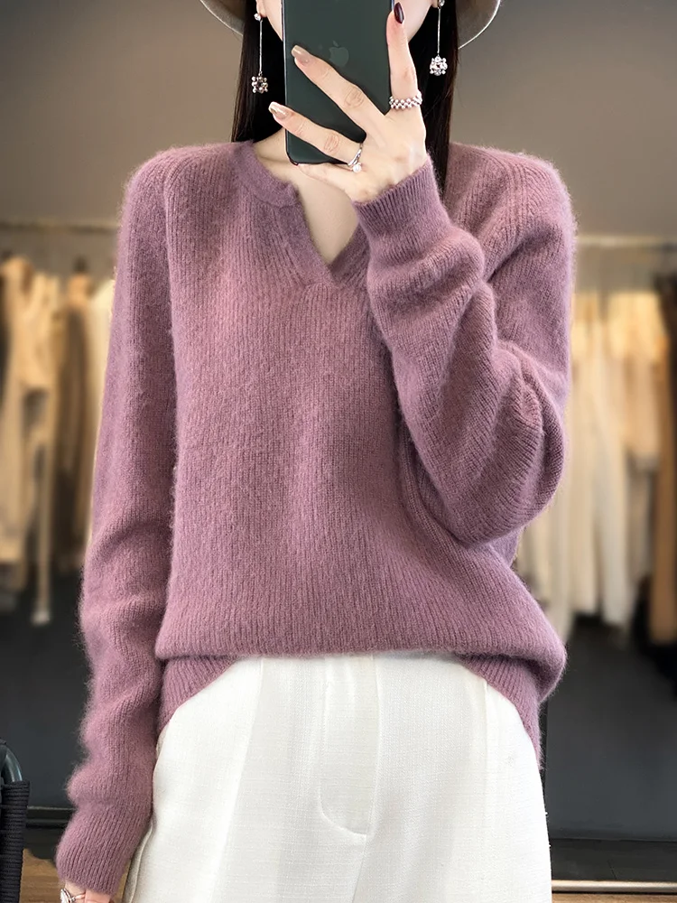 Aliselect Women\'s Super Warm 100% Mink Cashmere Sweater Thick V-Neck Pullovers High Quality Soft Tops Casual Basic Jumper Winter