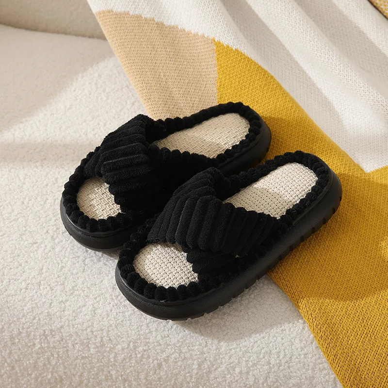2024 Autumn Winter New Women Home Slippers Open-Toe Cross Band Linen Soled Indoor Slides Linen Soled Non-Slip Bathroom Slippers