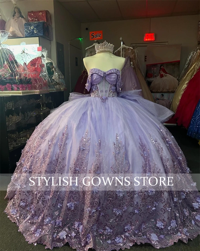 Purple Off The Shoulder 3D Flowers Quinceanera Dresses Ball Gown Beaded Appliques 2024 Birthday Luxury Dress Tiered Formal Gown