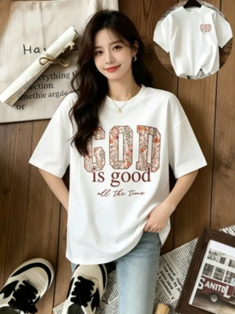T-shirt chrétien « Dieu est bon en permanence » pour femme, motif floral de foi, imprimé au dos, tendance, décontracté, à manches courtes