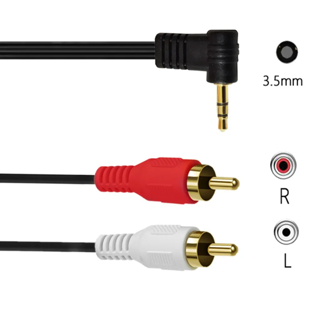 90 Degree Right-Angled 3.5mm Gold 1/8 Stereo Mini Jack Male to 2 Male RCA Adapter Audio (Male to 2 Male)，0.25m/1.5m；