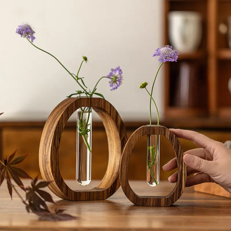Walnut Wood Chinese-Style Solid Wood Flower Vase Desktop Glass Mini Hydroponic Flower Holder Luxury-inspired Elegant Decorative