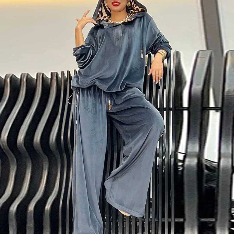 Velvet Long Sleeve Two Piece Set Women Elegant Commute Style Autumn Winter Leopard Printed Hoodies Sweatshirt Pants Outfits