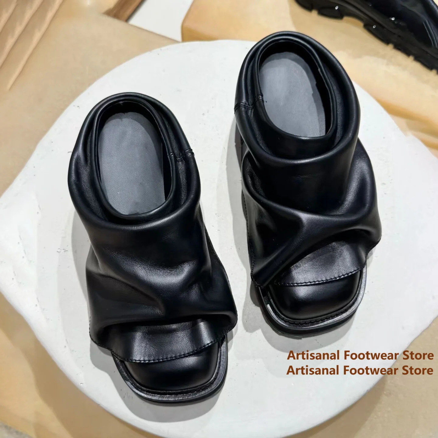 Ruched Soft Leather Slide Mules Square Toe Thick Platform Slip On Sandals Casual Fashion Shoes Trendy Handmade Men's Shoes