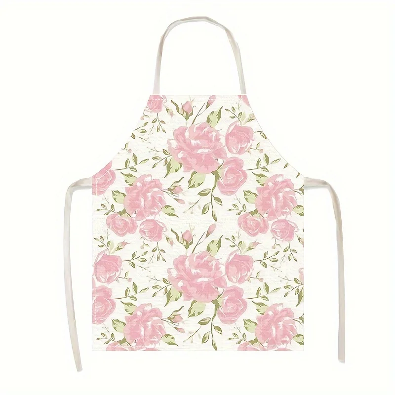 

Pink Rose Floral Print Linen Apron Vintage Style Kitchen Cooking Baking Cleaning Apron for Women Girls Home Use