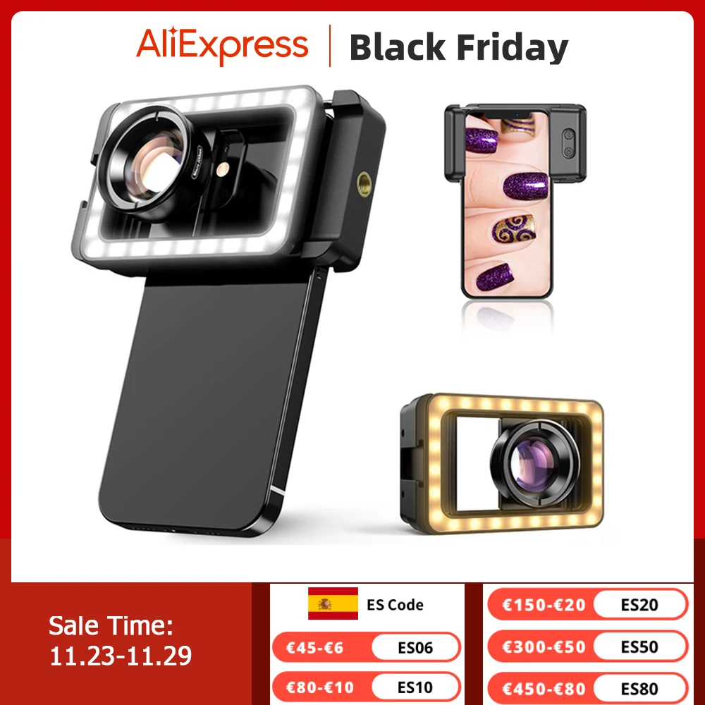 APEXEL nueva lente macro mejorada 4k HD 100mm con luz de relleno LED abrazadera Universal Micro lentes para iPhone Samsung todos los teléfonos inteligentes