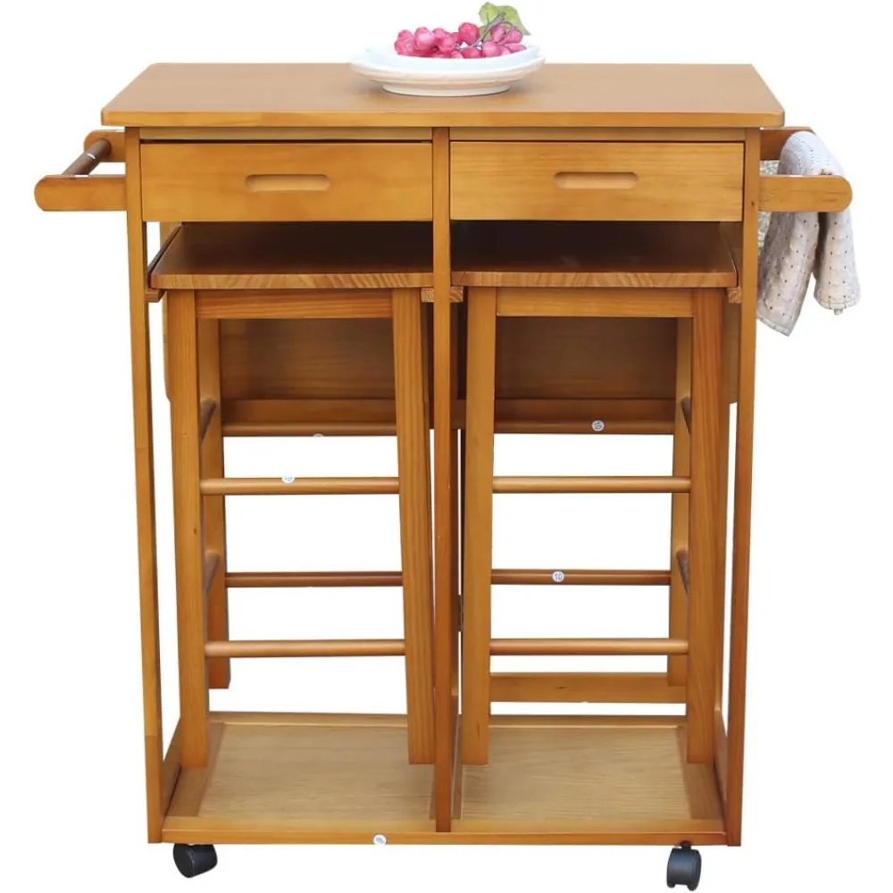 Kitchen Cart Dining Table Set,3 Piece Table & Chair Set,Solid Wood Folding Dining Cart with 2 Stools,Kitchen Island Trolley Cart