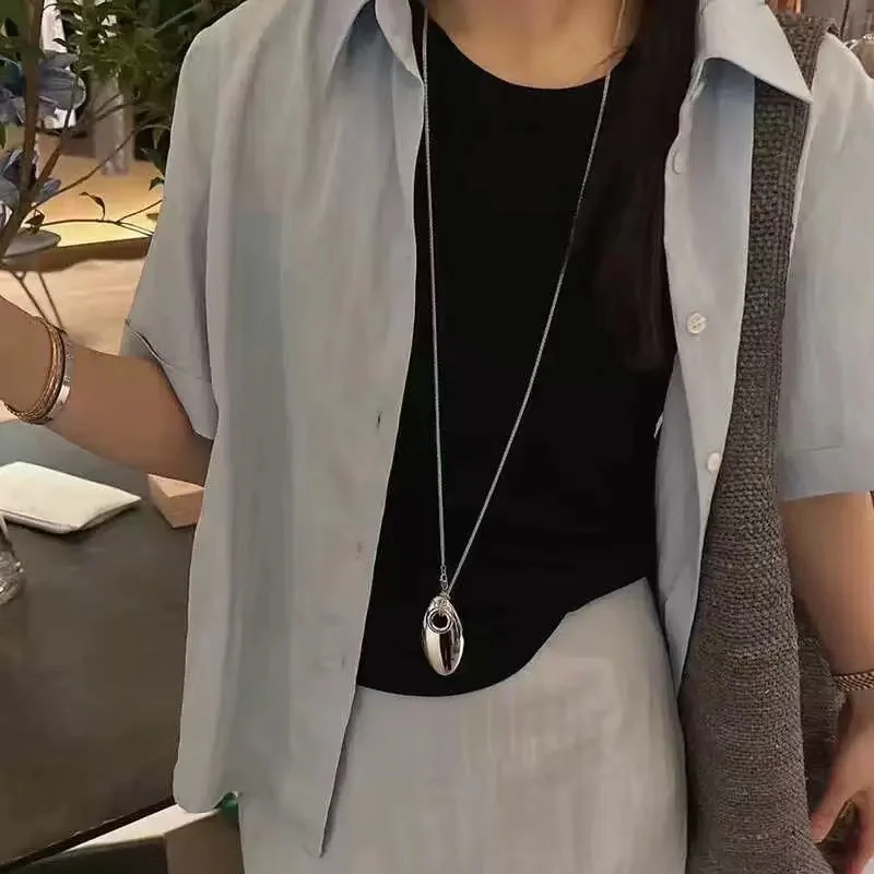 Vintage Glossy Metal Water Drop Large Pendant Necklace for Women Girls 2024 New Korean Fashion Long Sweater Chain Choker Jewelry