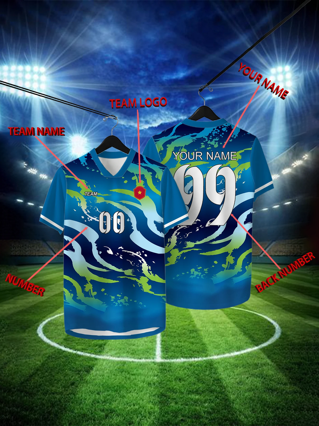 

Customized Geometric Blue Short Sleeved Shirt with Team Name, Emblem, Name and Number, Outdoor Sports Short Sleeved T-shirt