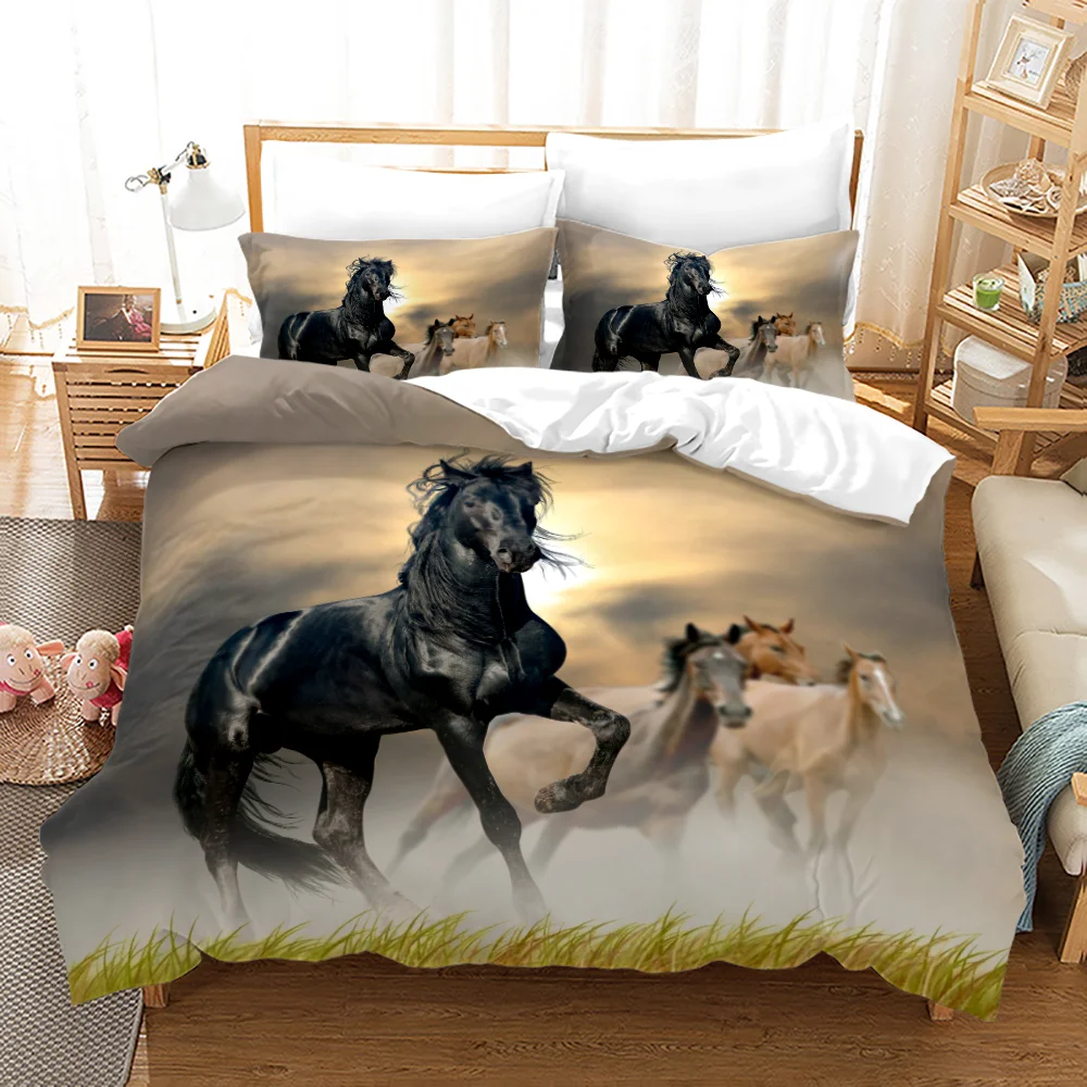 

Luxury Black Horse Bedding Set Animal Microfiber Bed Linen Double Queen King Twin Size Gift Adults Men Duvet Cover Bedroom Decor