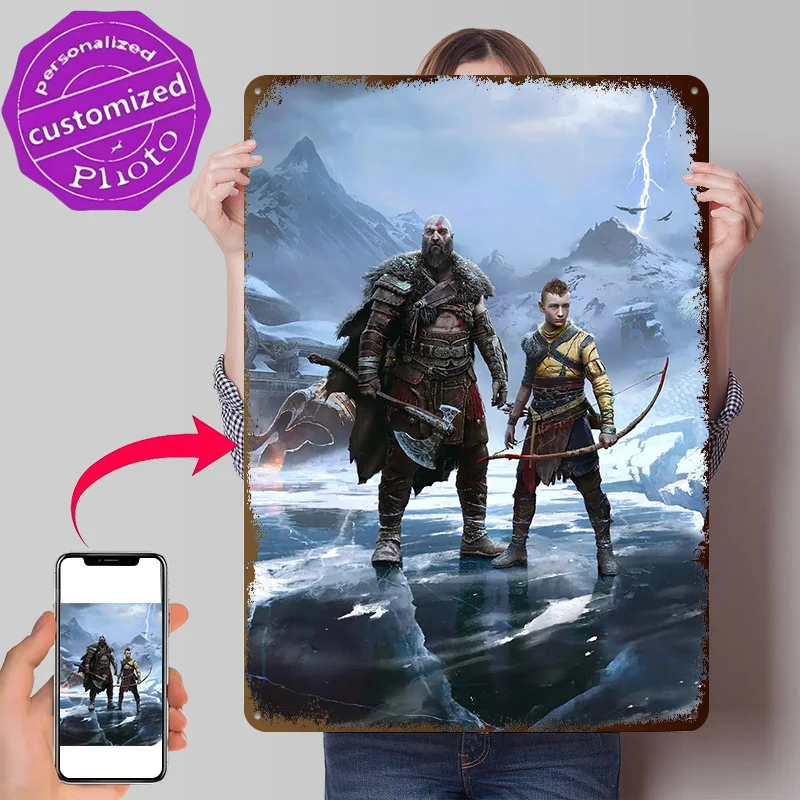 Póster impreso en 3D de Kratos y Atreus: Frozen Odyssey, letrero de metal vintage personalizado para decoración de paredes y habitaciones