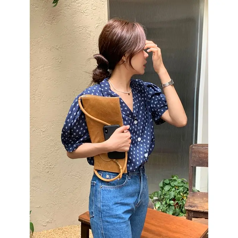 2022 New Summer Thin High-Grade French Polka Dot Peter Pan Collar Puff Short Sleeve Sweet Blouse Top for Women