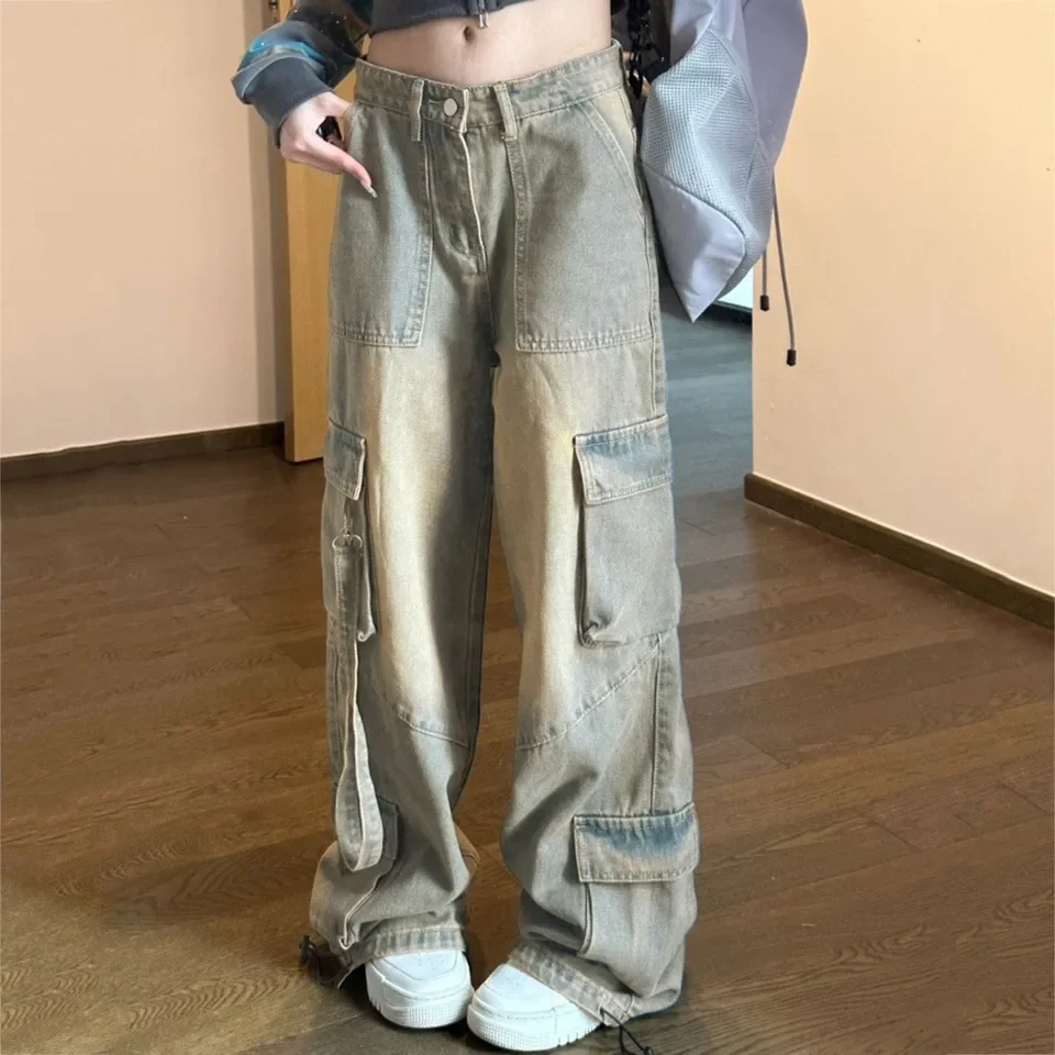 

Ladies' Retro Washed Vintage Workwear Jeans Loose Wide Leg Casual Slimming Straight Leg Low Waist Niche Pants одежда женская
