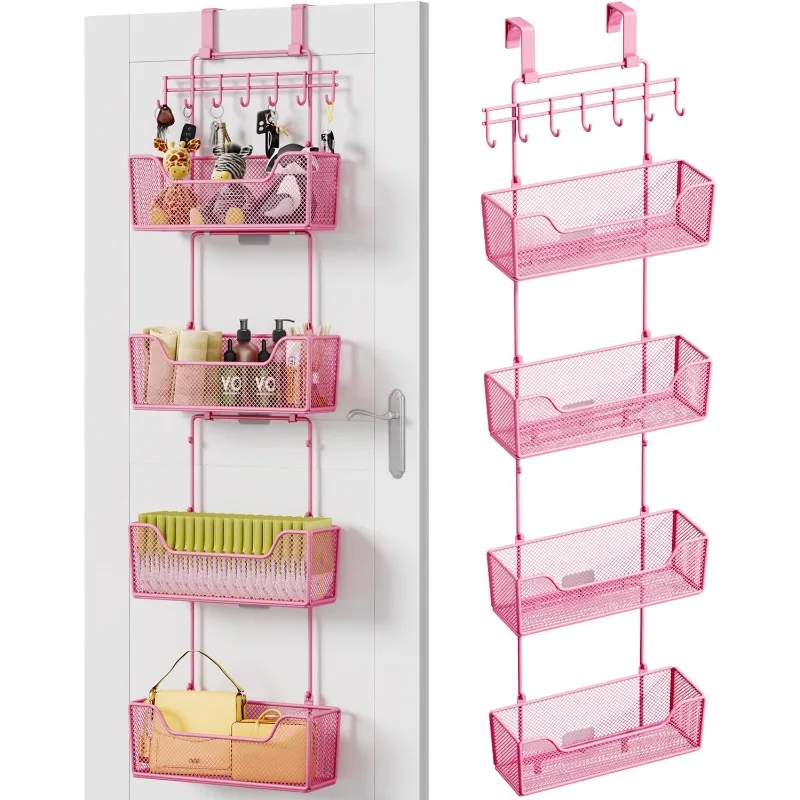 

Over Door Organizer Storage - Hanging Door Organizer with 4 Metal Large Capacity Baskets and Adjustable Coat Hook for Bat