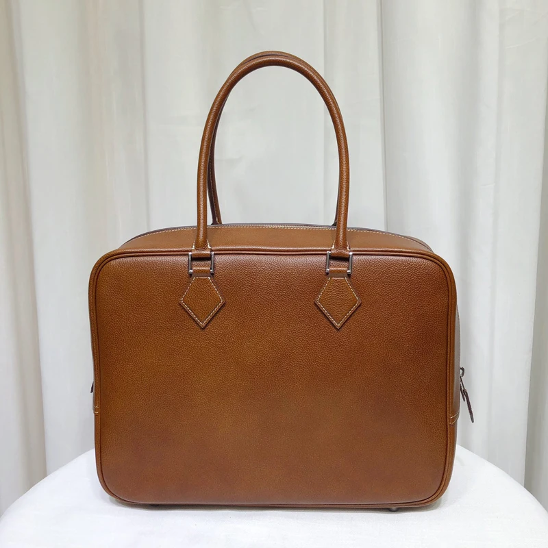 

Genuine Leather Handbag 32cm Woman 32cm Feather Bag Retro Briefcase Large Capacity Texture Saddle Leather Style Commuter Bag