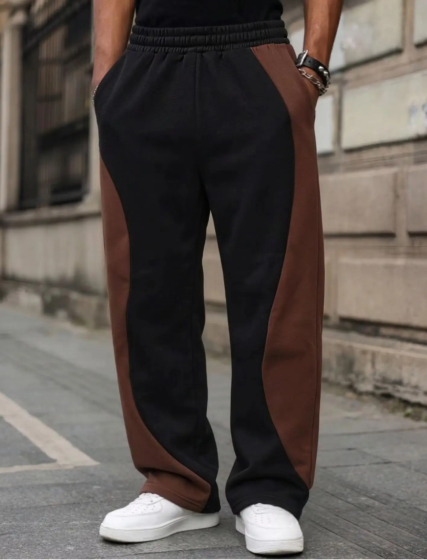 Men Color Block Spliced Wide‑Leg Sweatpants Frayed Drawstring Elastic Waist Loose Fit Casual Streetwear Male Contrast Trousers