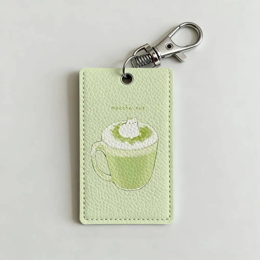 Green INS Style M-Matcha Cake Card Case Leather Card Holder Keychain Key Ring Door Access Tags ID Card Case Keychain