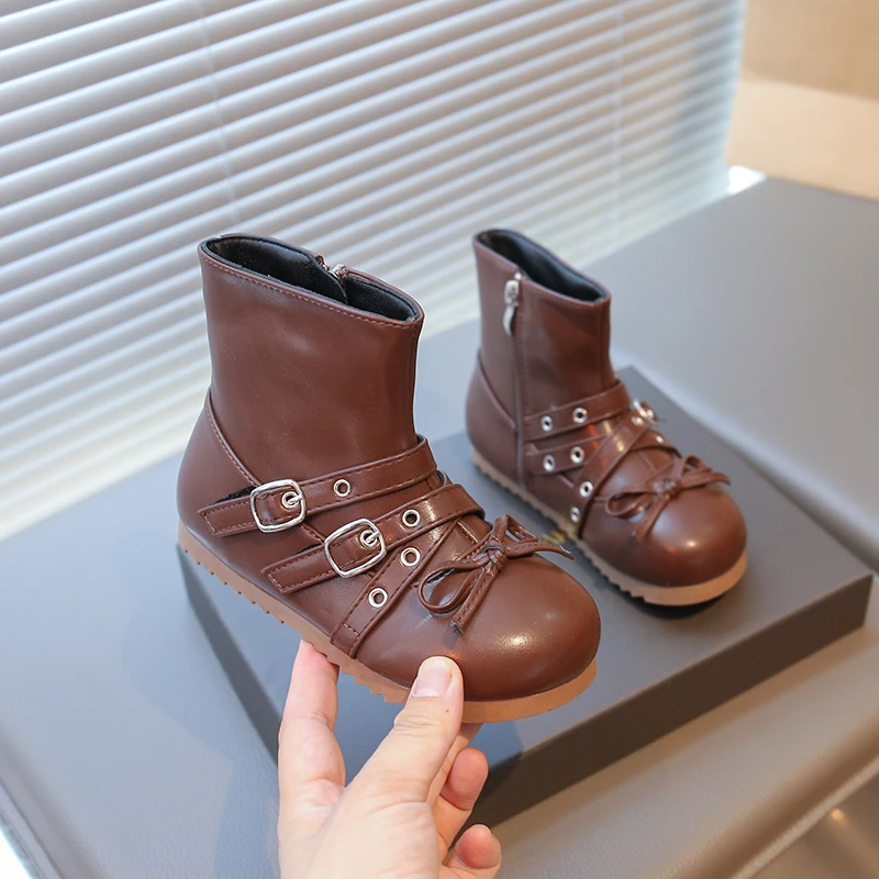 Toddler Girls Plush Lining Leather Boots with Buckle Strap Bow 2025 New Autumn Winter Kid Ankle Boots Soft Sole Retro Daily Wear