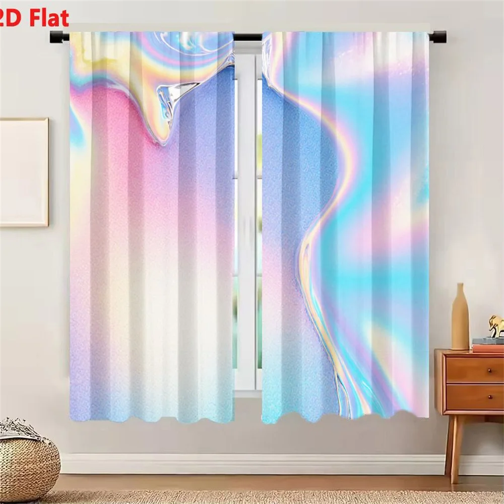 2Pcs Curtains 2D Flat Abstract Iridescent Background With Flowing Liquid Like Shapes Pastel Colors Pink Blue Yellow White Glossy