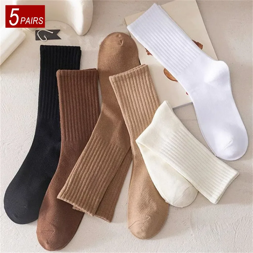 5 Pairs Mid Tube Polyester Cotton Women Socks Pack Set Japanese Fashion Solid Color Girls Vertical Stripes Socks