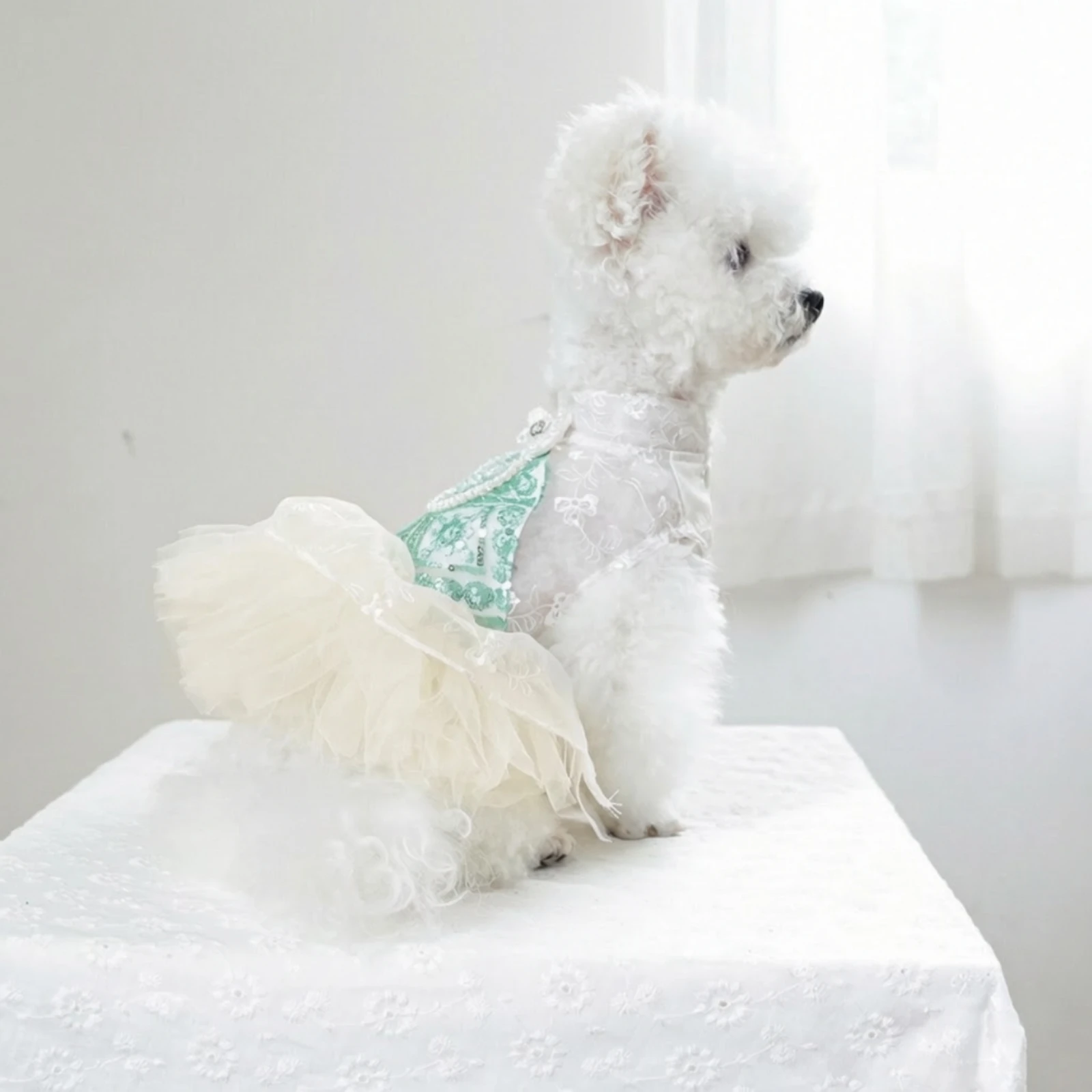 Sequined Puppy Dress with Pearl Details Photogenic Small Dog Party Dress Eye-Catching Lightweight for Celebrations
