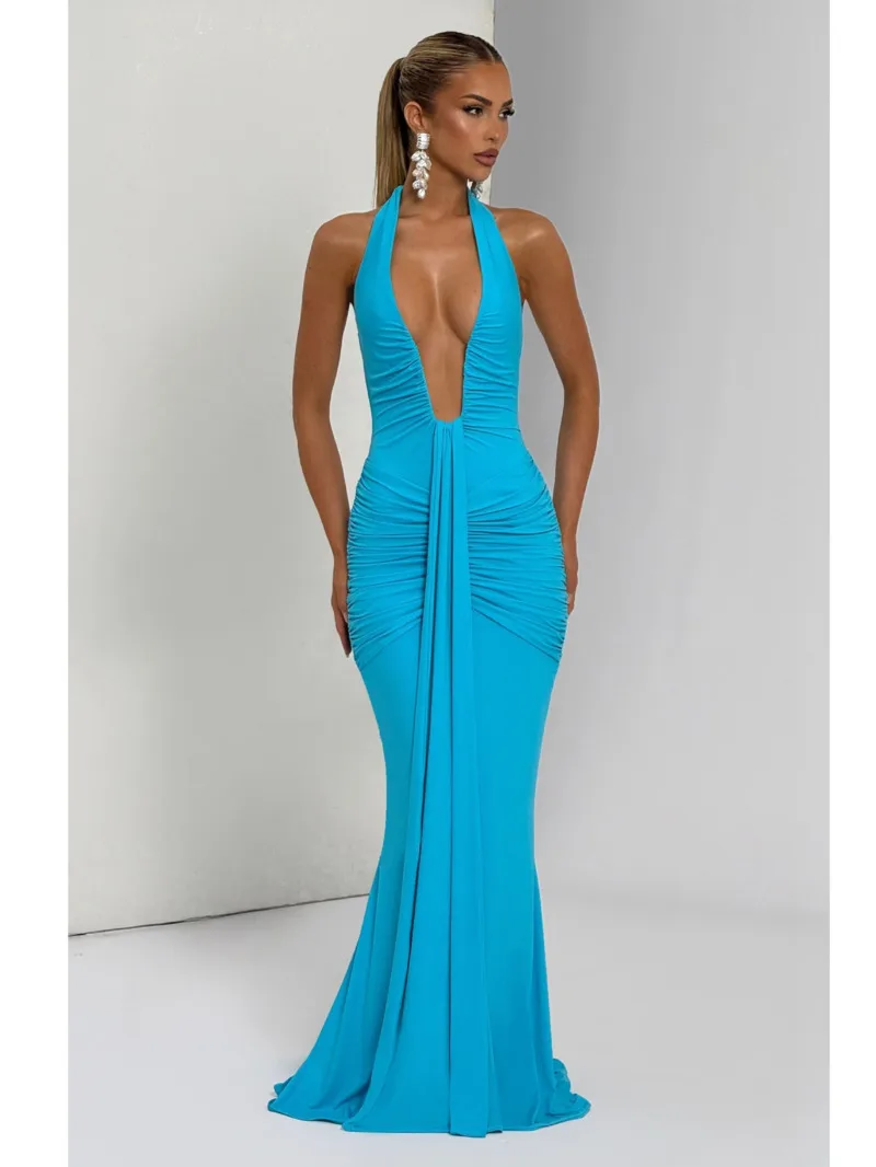 عميق الخامس الرقبة ثنيات Ruched مثير فستان ماكسي المرأة الصيف موضة الرسن أكمام عارية الذراعين نادي حفلة فستان طويل أنيق BM98