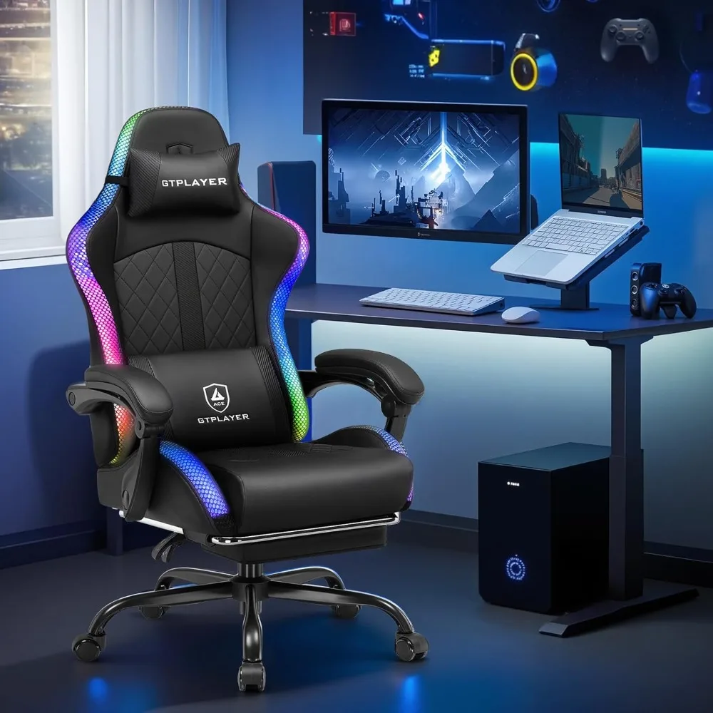 GTPLAYER RGB Gaming Chair, Computer Gamer Chair with Footrest and LED Lights, PC Gamer Chairs for Adults, High Back Reclining Of