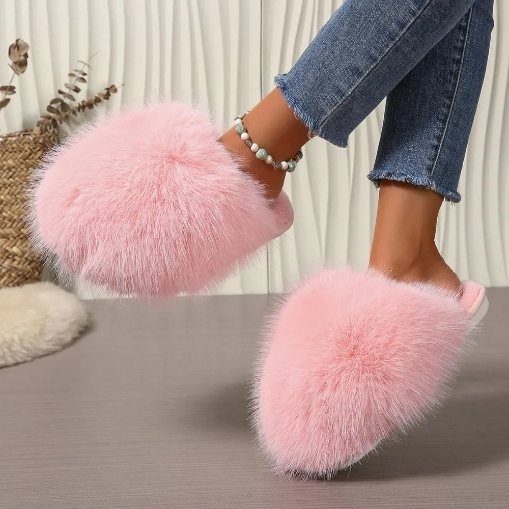 Winterfellige Damen-Hausschuhe, bequeme Flip-Flops, flache Pantoffeln, Indoor-Schlafzimmer-Plüschschuhe für Damen – Detail 10