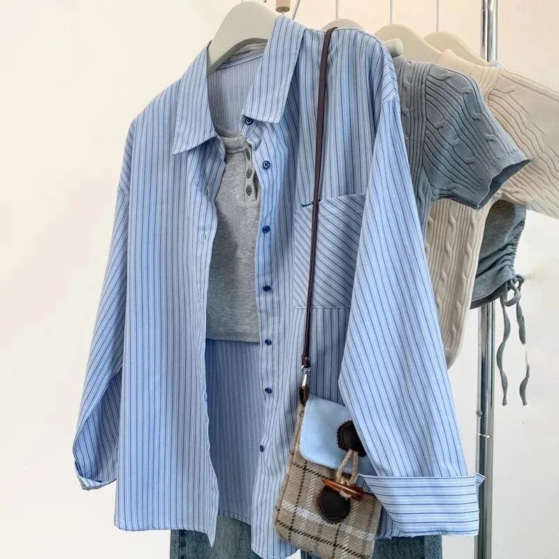 

Women's Vintage Blue Striped Shirt Long Sleeve Loose Blouse Spring Autumn Casual Button Down Top