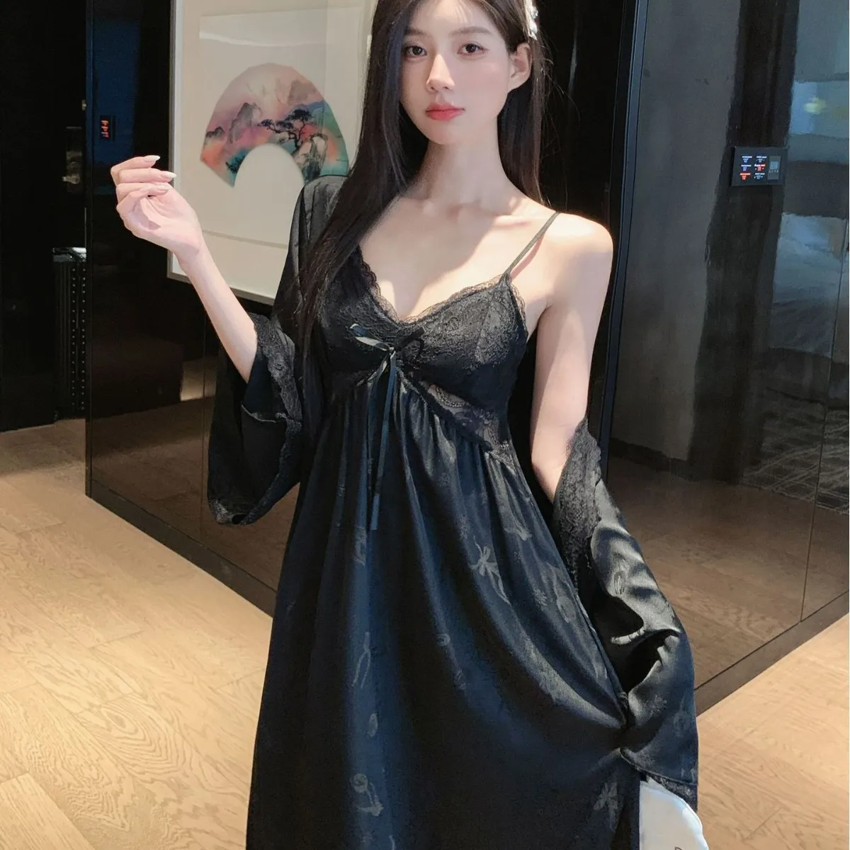 Princess Style Robe Suit Women Satin Kimono Gown Lace Patchwork Nightdress 2Pcs Pajamas Set Sleepwear Loungewear Bride Kimono