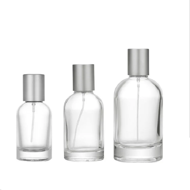 Glass Perfume Spray Bottle 30ML 50ML100ML 10pcs Crimp Pump Grey Matte Silver Lid Round Clear Portable Empty Cosmetic Atomizer