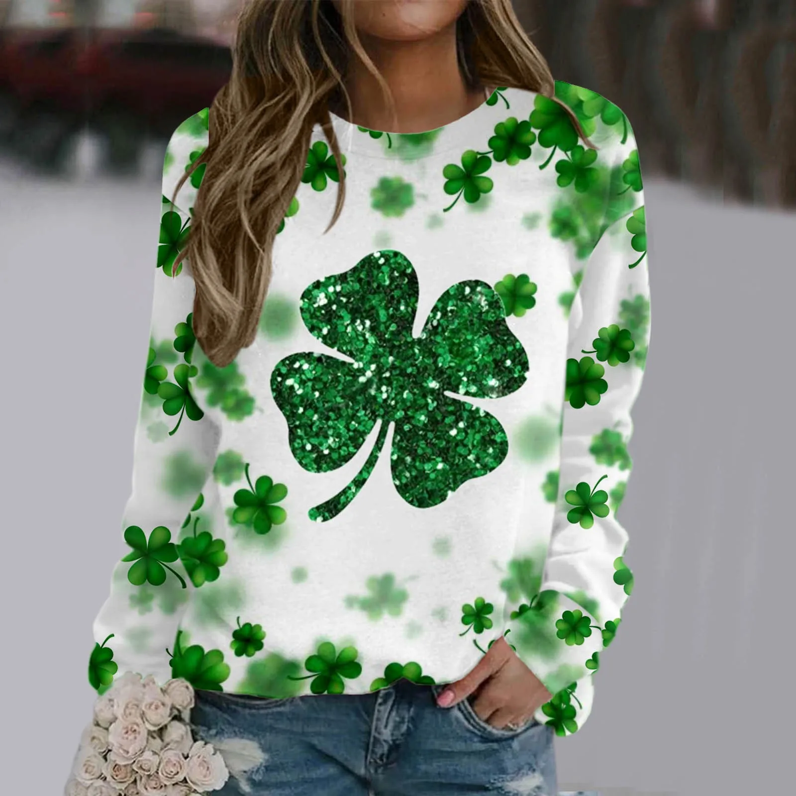 

Womens Hoodless Sweatshirt St Patricks Day Shamrock Clover Print Girls Basic Tops Party Clothing Loose Casual Pullover Hoodie