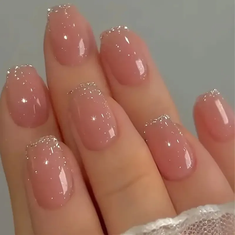24 piezas de uñas postizas cortas con polvo brillante, arte de uñas de ballet, cubierta completa, francesas transparentes, puntas de manicura para chicas 4