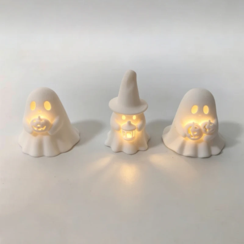 Cute Halloween Decorative Ghost Figures 3D Printed Ghost Ornament with LED Light Warm Glow Halloween Desktop Decorations