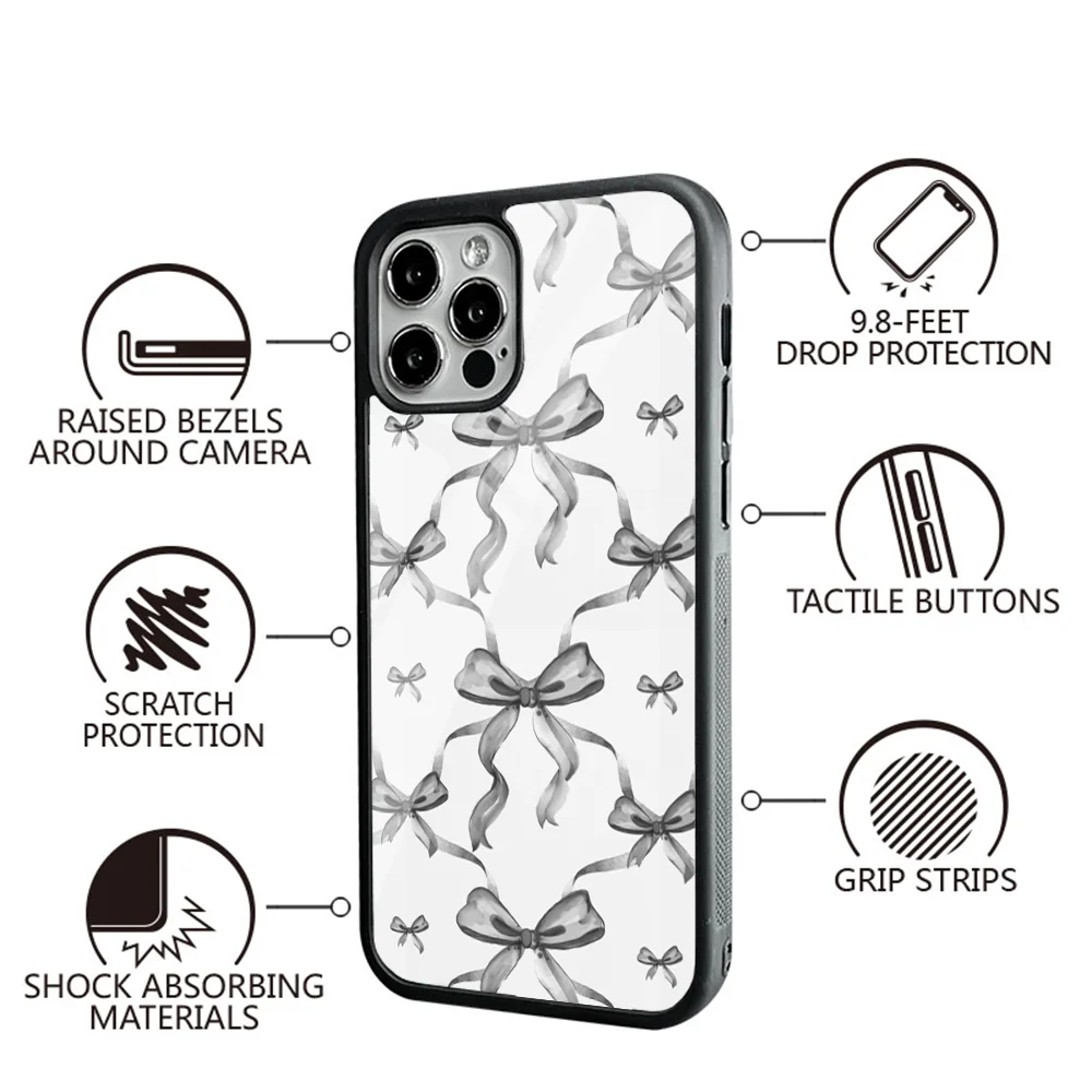 Black And White Ribbons And Bows Phone Case For IPhone 11 12 13 14 15 Plus Pro Max Mirror Acrylic PC TPU Cover