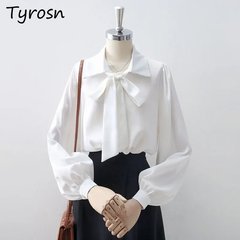 Shirts Women Temperament High-end White Bow Lapel Early Autumn Loose Daily OL All-match Hong Kong Style Long Sleeve Tops Street