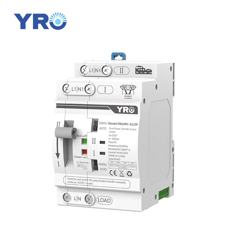 YRO YRQ4PC-63 2P Ats Dual Prower Automatic Transfer Switch Changeover Switches Din Rail Type Generator Ats 63A Switch 220V AC