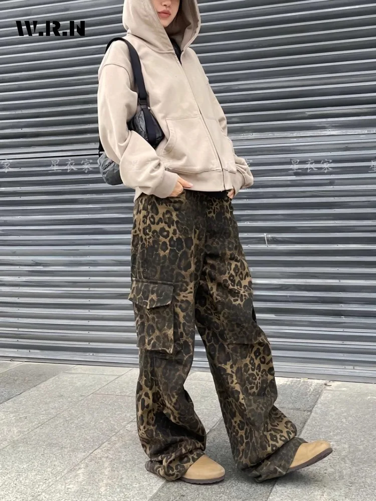 American Retro High Street Casual Overalls Loose Wide Leg Pants Women Y2k Hip-hop Leopard Print Pokcets Cargo Grunge Trousers