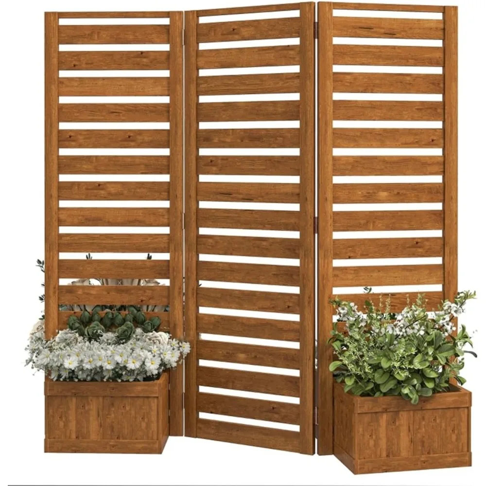 

Wooden Planter Box with Three Panel Hinged Outdoor Privacy Screen, Self-Draining Planters, Outdoor-Ready Fir Wood,Natural Color