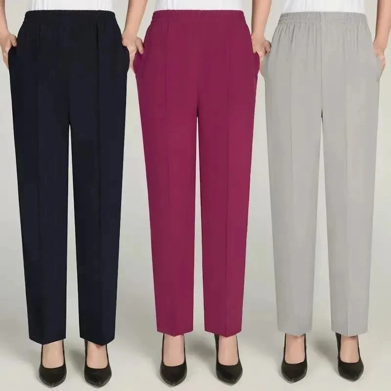 Summer Thin Women's Pants Elastic High Waist Casual Straight Trousers Middle-aged Elderly Mmother Ice Silk Cropped Pantalons 5XL