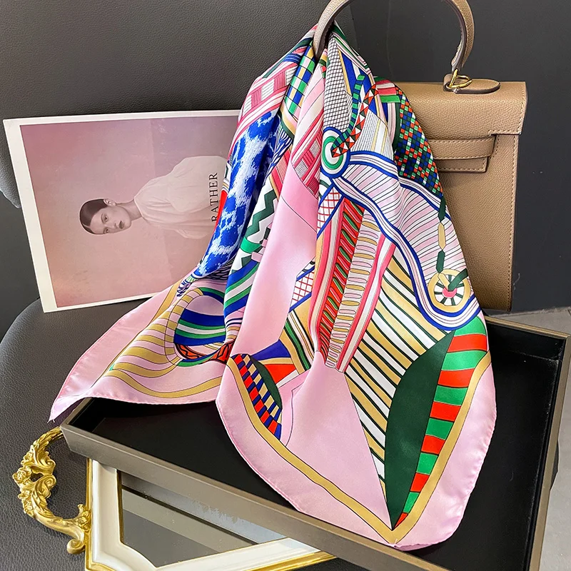 Beach Sunscreen Kerchief Luxury Design Square Scarves Women Popular 70X70CM Silk Hijab The Four Seasons Headscarf 2024