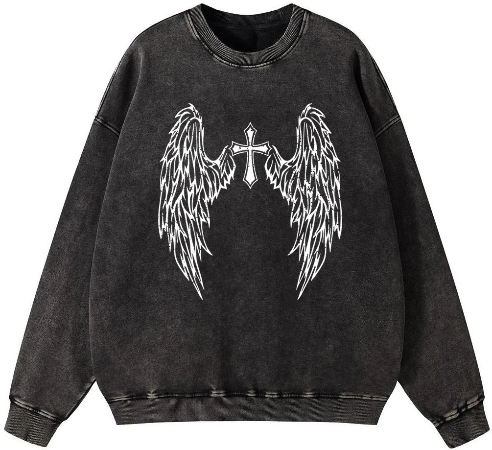 

Cross Body And Flying Wings Funny Prints Men'S Vintage Washed Cotton Sweatshirt Autumn Oversize Pullover Simple Comfortable