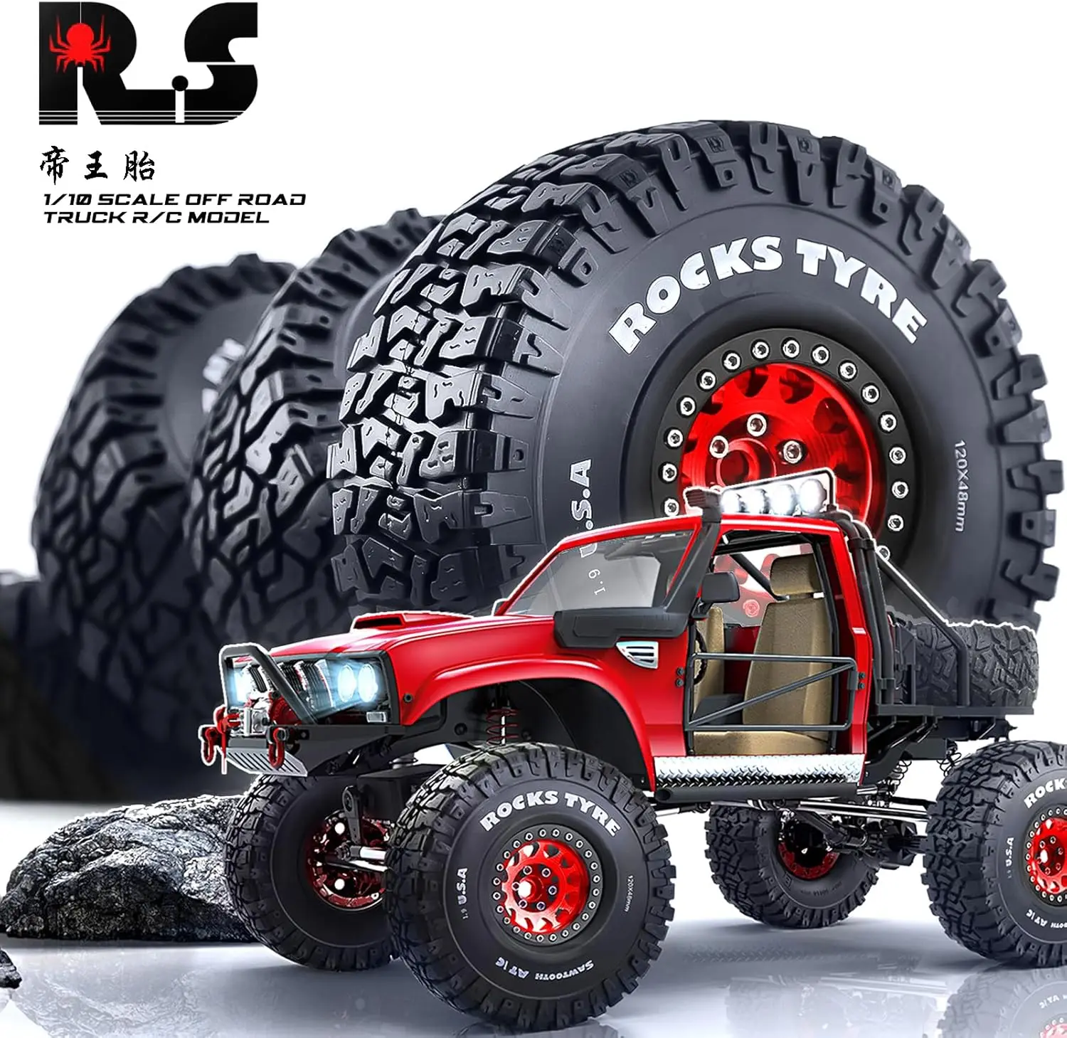1.9" Metal Beadlock Wheel 120/48mm Tires Set 12mm for /10 RC Crawler Car Axial SCX10 90046 TRX4 TRX6  AXI03007 D90 Redcat Gen8