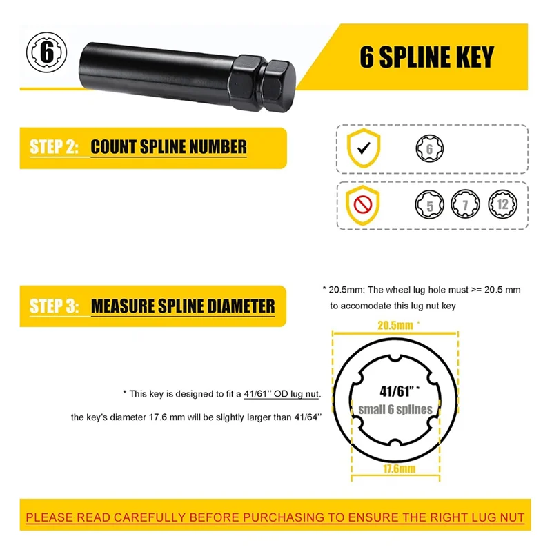 AB47-7 Spline-Radmutter-Schlüssel, 6 Spline-Radmutter-Steckschlüssel-Entfernungswerkzeug, 2 Stück Dual-Sechskant-Antrieb, Aftermarket-Rad-Sperrschlüssel-Ersatz