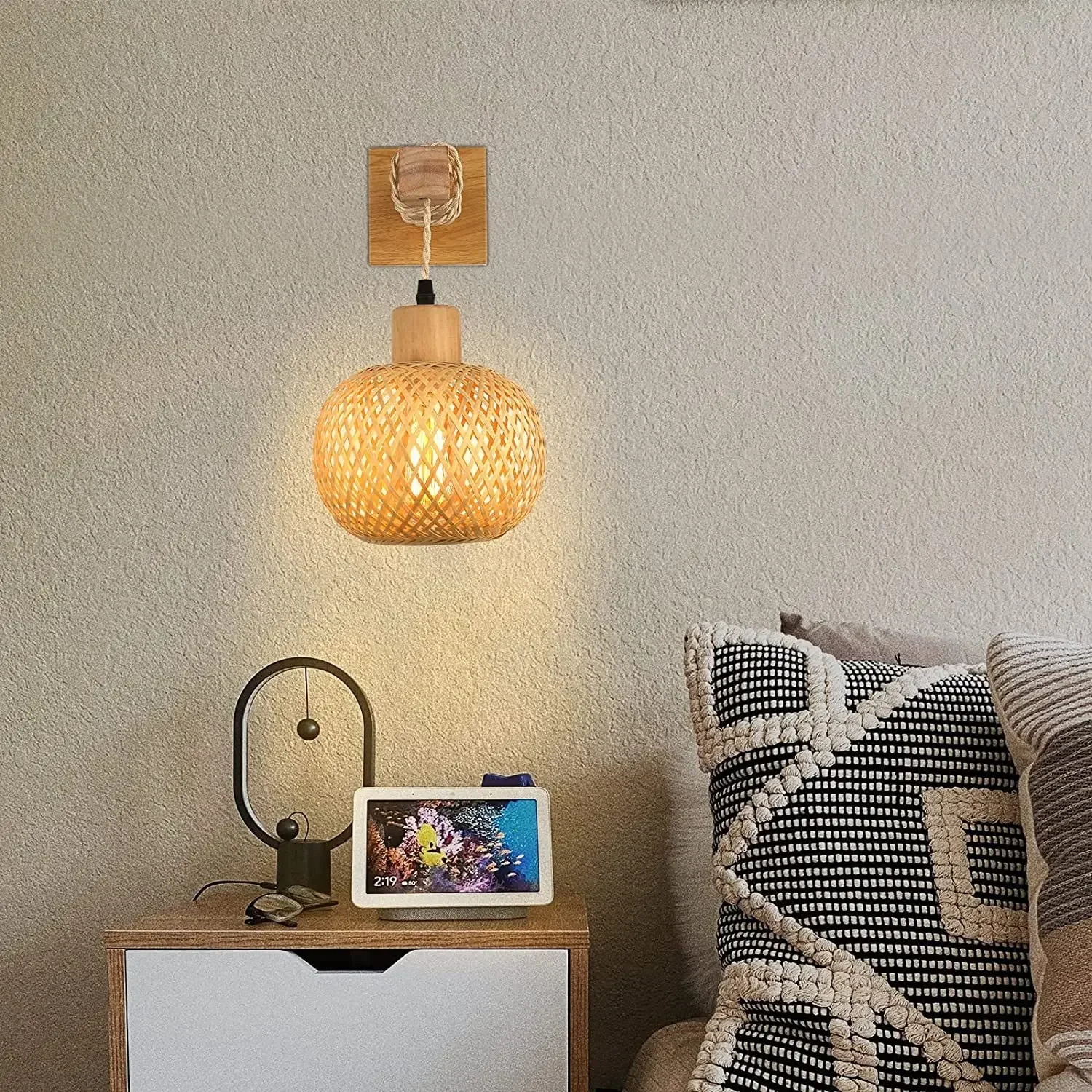 Lámpara de pared de bambú tejida a mano para decoración de habitación, accesorios de iluminación, farol de bambú, lámpara de pared de mimbre Natural, candelabros de pared E27