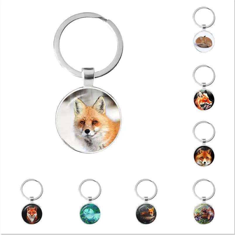 Lovely Fox Series Picture 25mm Glass Cabochon Keychain Animal Pendant Metal Key Rings Christmas Gifts for Women Men Wholesale