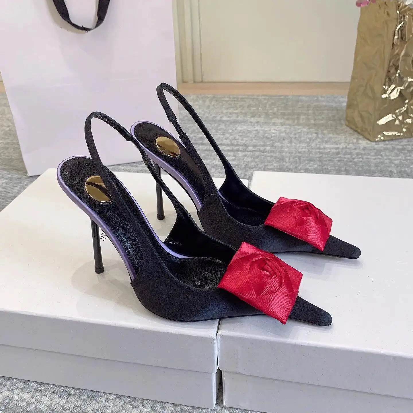 

Pointed Toe Flower Stiletto Sandals Stunning Fashion Shoes with Rose Bowknot Women's Back Strap Sexy Trendy High Heels