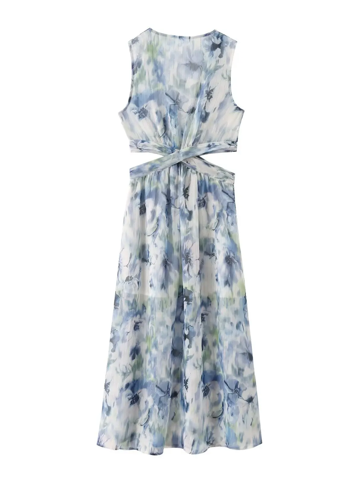 Women's Vacation Style Sleeveless Open Metal Color Thread Print Dress Summer V-neck Waist-cinched Long Skirt Casual Wear